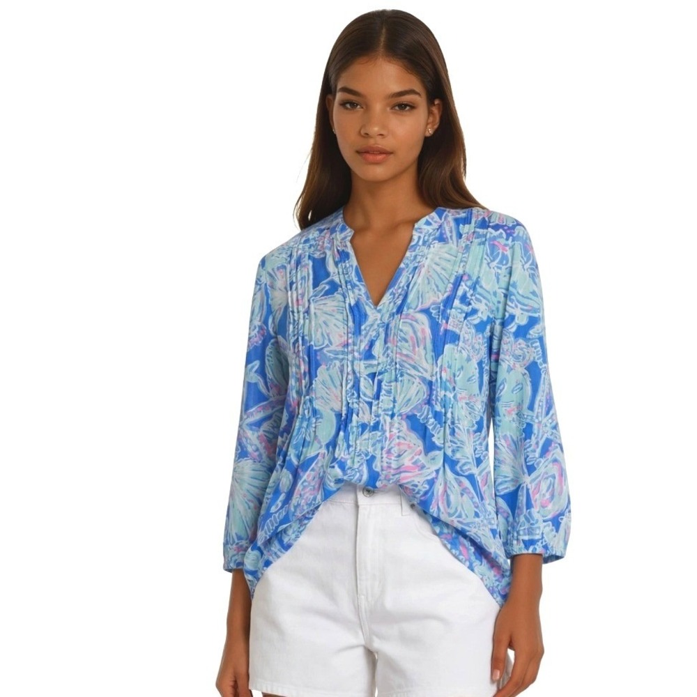 Lilly Pulitzer Elsa Top Shell Me Something New‎ Blue Pink Coastal Blouse Medium